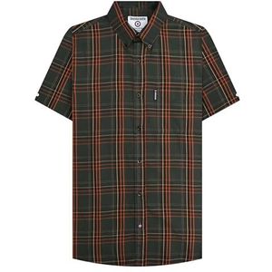 Lambretta Heren pied-de-poule shirt met korte mouwen, Khaki/Oranje, XL