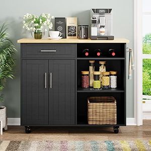 Shintenchi Kitchen Island Cart met opslag, Rolling Kitchen Island bijzettafel op wielen met groot werkblad, opbergkast, handdoekenrek en laden voor keuken, eetkamer, zwart