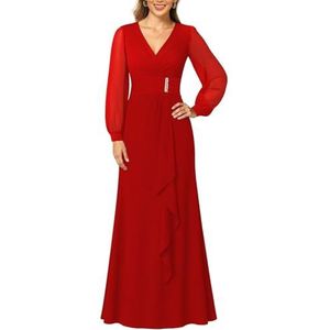 KIYNE Dames lange mouwen moeder van de bruid jurken ruches A-lijn V-hals chiffon formele avondjurk, Rood, 32