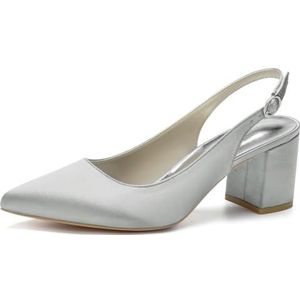 Vrouwen Chunky Block Heel Bruidsschoenen Puntige Neus Pumps Slip on Slingback Gesp Sexy Feest Trouwjurk Schoenen,Zilver,35 EU