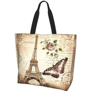 MYGANN Vintage Parijs Eiffeltoren Vlinder Vrouwen Grote Capaciteit Schouder Waterdichte Boodschappentas Voor Dagelijkse Reizen Gift Bag, Zwart, Eén maat