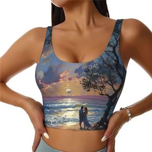 Romantische yoga-beha's met strandprint, trainingstop met ingebouwde beha, stijlvol racerback ontwerp met gewatteerd comfort, Zwart, S
