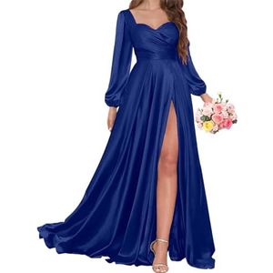 AHERKLL Bruidsmeisjesjurken met lange mouwen voor bruiloft, satijnen formele avondfeest, maxi-jurk met split HAH056, koningsblauw, 34