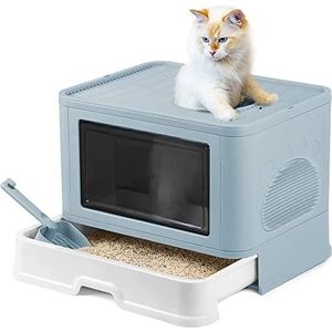 Thinfar Kattenbak, kattentoilet, met deksel, uittrekbaar tablet, ruim, voor katten tot 15 kg, minder sporen, lekvrije bodem, 48,5 x 36,5 x 38 cm, lichtblauw