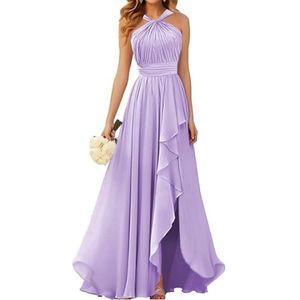 Halter Prinses Bruidsmeisjes Jurken Geplooide Galajurken Ruche Chiffon Split Formele Avond Party Gown ZM212, Lila, 32