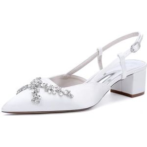 GHSIRUEU Dames pumps met puntige neus, blokhak, slingback, slip-on, lage, middelhoge hak, satijnen bruiloftsschoenen met strass,Wit,35 EU