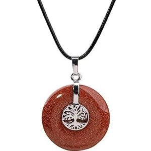 Women Natural Stones Leather Necklace Roud Tree Of Life Charm Stone Pendant Necklace Fashion Women Male Yoga Jewelry (Color : Red Goldstone)