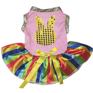 Petitebelle gele pailletten Bunny Gezicht Shirt Regenboog Gestreepte Tutu Puppy Hond Jurk, XXX-Large, Roze/Regenboog Gestreept