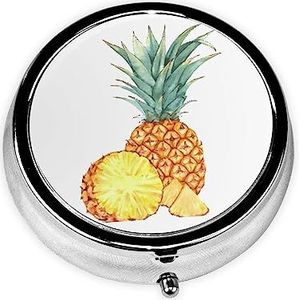 Grappige Ananas Gedrukt Pil Organizer Pillendoos Pil Case Draagbaar voor Portemonnee Pocket Ronde Metalen Pil Houder Organizer voor Dagelijkse Geneeskunde