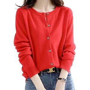 MOGSA Cardigan-pullover dames gebreide jassen pullover O-hals lente herfst gebreide kasjmier gebreide jassen enkele rij dames trui, rood, L (55-62)kg
