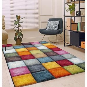 the carpet Monde Deluxe Vloerkleed voor de woonkamer, laagpolig, kleurrijk, blauw, rood, bruin, groen, grijs, geruit, 160 x 230 cm
