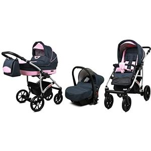 BabyLux Largo 3 in 1 Baby Reis Systeem Kinderwagen Autostoel Afneembare Regenhoes Voetenzak Dragende Wielen Pasgeborene tot Baby Grey Light Pink Silver Frame