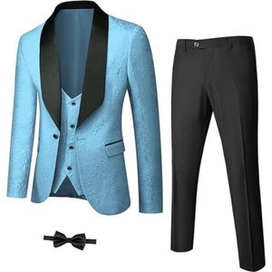 Heren 3-delige luxe smoking set jacquard slim fit sjaal revers jas vest en broek premium smoking voor mannen, Lichtblauw, XXS