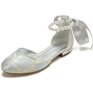 KYEGLO Satijnen Platte Damesschoenen Met Ronde Neus – Sandalen Met Gesloten Neus En Enkelbandje Met Parel | Bruidsmeisjesschoenen Voor Bruiloften, Schoolfeesten En Feestjes,Zilver,36