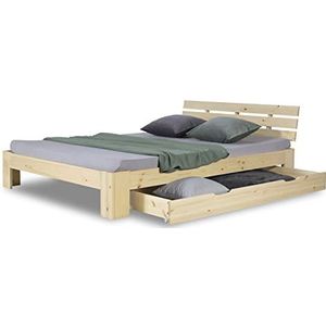 Homestyle4u 2250, houten bed 140x200 met schuifladen natuur, tweepersoonsbed met lattenbodem bedkast bed hout grenen