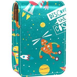 Draagbare Lipstick Case voor op reis,Mini Lipstick Opbergdoos met spiegel voor dames dames, Lederen cosmetische etui Ontdek de Cosmos, Meerkleurig, 9.5x2x7 cm/3.7x0.8x2.7 in