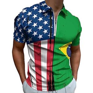 USA Brazilië Split Vlag Poloshirt voor Mannen Casual Rits Kraag T-shirts Golf Tops Slim Fit