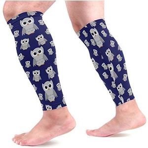 EZIOLY Grijze Uilen Op Blauwe Textuur Sport Kalf Compressie Mouwen Been Compressie Sokken Kalf Guard voor hardlopen, Fietsen, Moederschap, Reizen, Verpleegkundigen