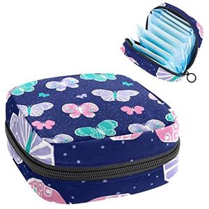 Maandverband Opbergtas,Draagbare maandverband Opbergzak,Paars Roze Groen Vlinder Koningsblauw, Meerkleurig, 4.7x6.6x6.6 in/12x17x17 cm