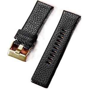Chlikeyi Litchi Grain horlogeband van echt leer, 22-30 mm, Zwart goud, 24 mm