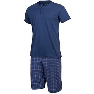 HEYO Pyjama heren korte pyjama van katoen tweedelige set shorts T-shirt, donkerblauw geruit, L