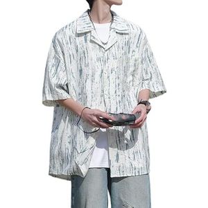 OHERUWKLS Heren Zomer Casual Los Gestreept Button Down Shirt Met Korte Mouwen En Zakken,Blauw,3XL