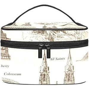 Vintage oude stijl monumenten bezienswaardigheden make-up organizer tas, reizen make-up tas organizer case draagbare cosmetische tas voor vrouwen en meisjes toiletartikelen, Meerkleurig, 22.5x15x13.8cm/8.9x5.9x5.4in