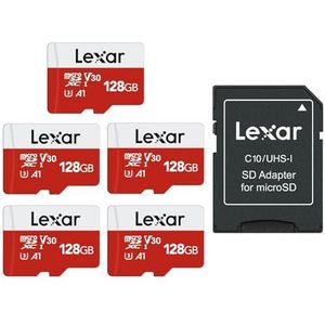 Lexar Micro SD Kaart 128GB 5-Pack E-Serie, microSDHC UHS-I Geheugenkaart met Adapter - Tot 100 MB/s, C10, U1, A1, V30, Full HD, Hoge Snelheid TF-kaart (5 microSD-kaarten + 1 Adapter)
