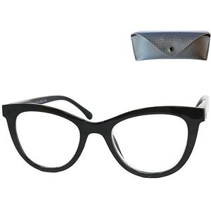 Mini Brille Cateye Leesbril, dik montuur, gratis etui, kunststof brilmontuur, leeshulp voor dames, zwart, 2.5