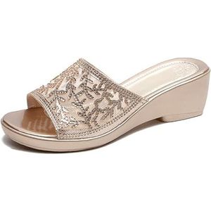 2024 Nieuwe Slippers Met Strass Dames Retro Sleehak Slippers Ademend Mesh Slippers Zomer Peep Toe Slippers Vrije Tijd Boho Strand Schoenen (Color : Gold, Size : 41 EU)