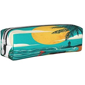 Lederen Etui Perzik Pioen Briefpapier Potlood Tas Make-up Pouch Draagbare Kantoorbenodigdheden Tas voor Tieners Meisjes Volwassenen, Zonsondergang Beach Palm Boom, Leather Pencil Case, Beauty Case