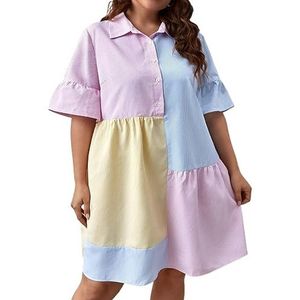 voor vrouwen jurk Plus gesmokte jurk met volantmouwen en volant met kleurvlakken (Color : Multicolore, Size : 4XL)