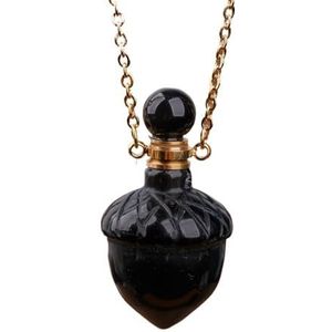 Women Gemstone Perfume Bottle Pendant, Carved Crystal Acorn Healing Necklace Boho Friendship Necklace Jewelry Gift (Color : Gold_Black Agate)