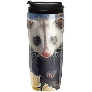 FHECVBN Koffie Cup Dubbelwandige Reizen Mok Opossum En Rozen Geïsoleerde Koffie Mokken Met Deksel Tumbler Cup Grappige Koffiekopjes Houden Dranken Koud En Warm 350ml