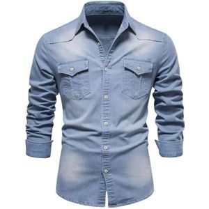Dvbfufv Heren lange mouwen knoop effen kleur gewassen denim overhemd heren casual all-match outdoor shirt, Blauw 6003, XL