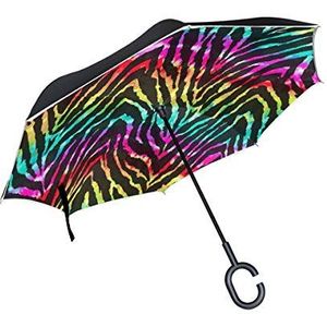 RXYY Winddicht Dubbellaags Vouwen Omgekeerde Paraplu Dier Zebra Print Regenboog Waterdichte Reverse Paraplu voor Regenbescherming Auto Reizen Outdoor Mannen Vrouwen