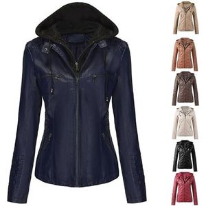 Dames Casual Opstaande Kraag Afneembare Capuchon PU Leren Jas Imitatieleren Jas Overgangsjas Met Capuchon Maten Capuchon Jas Lange Mouw Motorfiets Slim Fit Hoodie(Blue,7XL)
