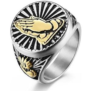 Sieraden Biddende handen roestvrijstalen ring Ring for titanium staal verguld 18K goud Biddende handen herenring (Color : Mandatory gold bar, Size : 8#)