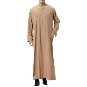 Hgvcfcv Moslim gewaad Arabisch Nationaal Kostuum Midden Mouw Goud Geborduurde Traditionele Herenjas, Kaki, XL