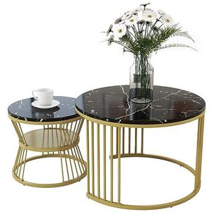 Moimhear Moderne Nesting Salontafel, salontafel, set van 2, marmeren fineer, sofa zijnest van tafels, ronde eindtafels, set van 2, goudkleurig frame (zwart)