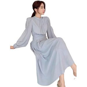 jurken voor dames Effen A-lijnjurk met bisschopsmouwen - Elegante uitlopende jurk met lange mouwen, opstaande kraag en hoge taille (Color : Light Grey, Size : L)