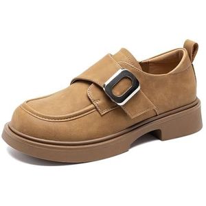kumosaga Platform loafers for dames, comfortabele slip-on vrijetijdsschoenen met dikke hak en metalen gesp met klittenband, lederen werkschoenen met ronde neus, mode-nette schoenen (Color : Brown, S