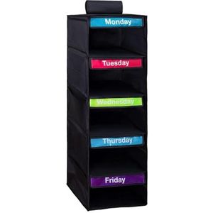5-plank hangende kast organizer met 5 zijzakken wekelijkse kledingverdeler (zwart