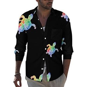 Aquarel Regenboog Schildpad Heren Revers Shirt Lange Mouw Button Down Print Blouse Zomer Pocket Tees Tops 3XL