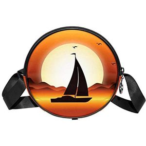 Ronde Crossbody Tas Messenger Purse voor Vrouwen Sunset River Boot Oranje, Meerkleurig, 6.7x6.7x2.3 in, Sling Rugzakken