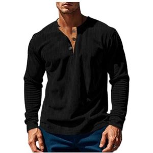 Heren Casual Ronde Hals Lange Mouw T-shirts Knoopsluiting Corduroy Slim-fit Ademend Effen Kleur Pullover ﻿ ﻿ ﻿(Black,3XL)