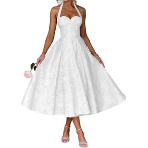 AHERKLL Spaghetti Bandjes Bruidsmeisjes Jurken Jacquard Satijn Halter Formele Avond Feest Maxi Jurk HAH046, Wit, 32