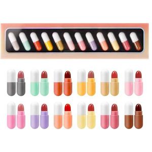 Mini lippenstift, set van 12 kleuren, capsules, matte pilvormige lippenstift, waterdicht, lang aanhoudende mini-capsules, fluwelen lippenstiftset voor vrouwen (1 stuks)