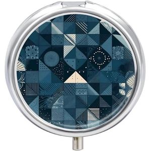 Ronde metalen pillendoos, blauw geometrisch patroon bedrukte reispillenorganizer draagbare pillencontainer kleine pillendoos voor portemonnee en zak voor het bewaren van vitamines, medicijnen en