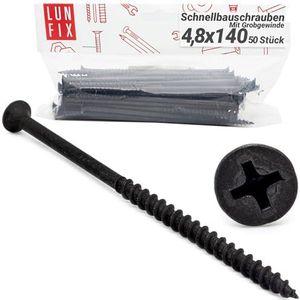 Lun Fix Snelbouwschroeven, 4,8 x 140 cm (50 stuks), gipsplaatschroeven met grove schroefdraad, gipsplaatschroeven, zwarte gipsplaatschroeven voor gipsplaten, gipsplaatschroeven, snelschroeven
